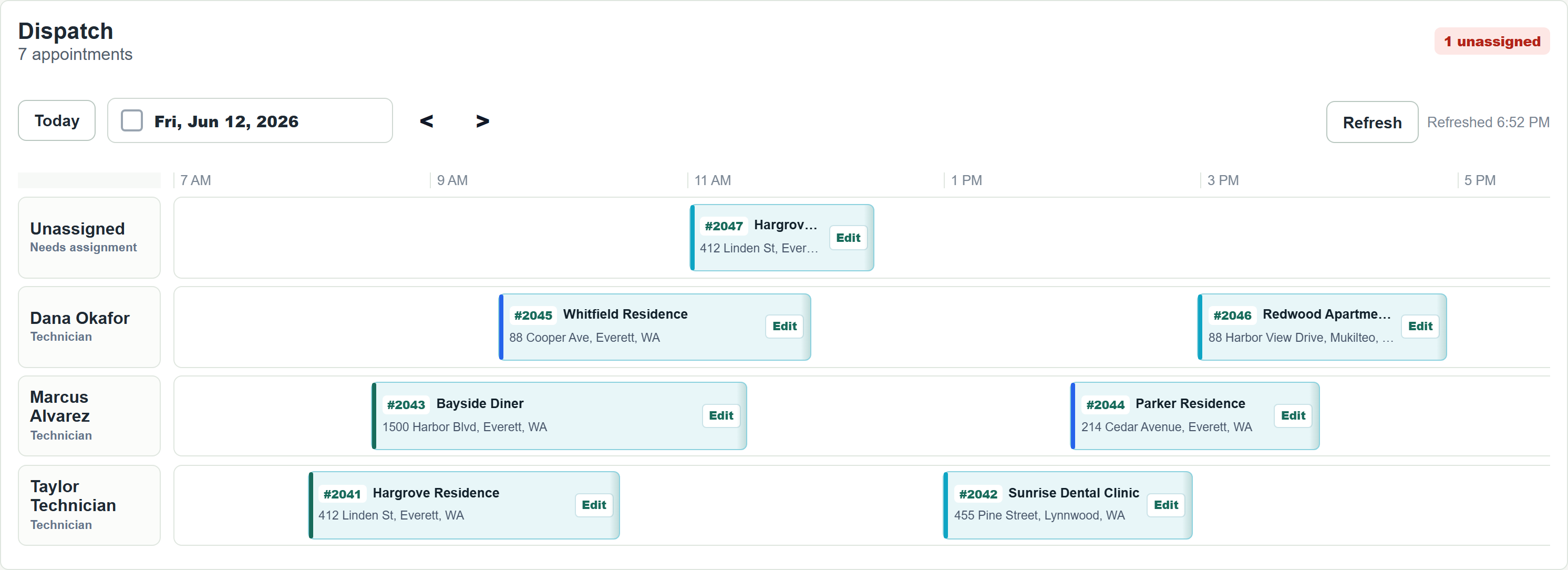 The BellField dispatch board: a technician timeline with scheduled, en-route, and on-site jobs across the day